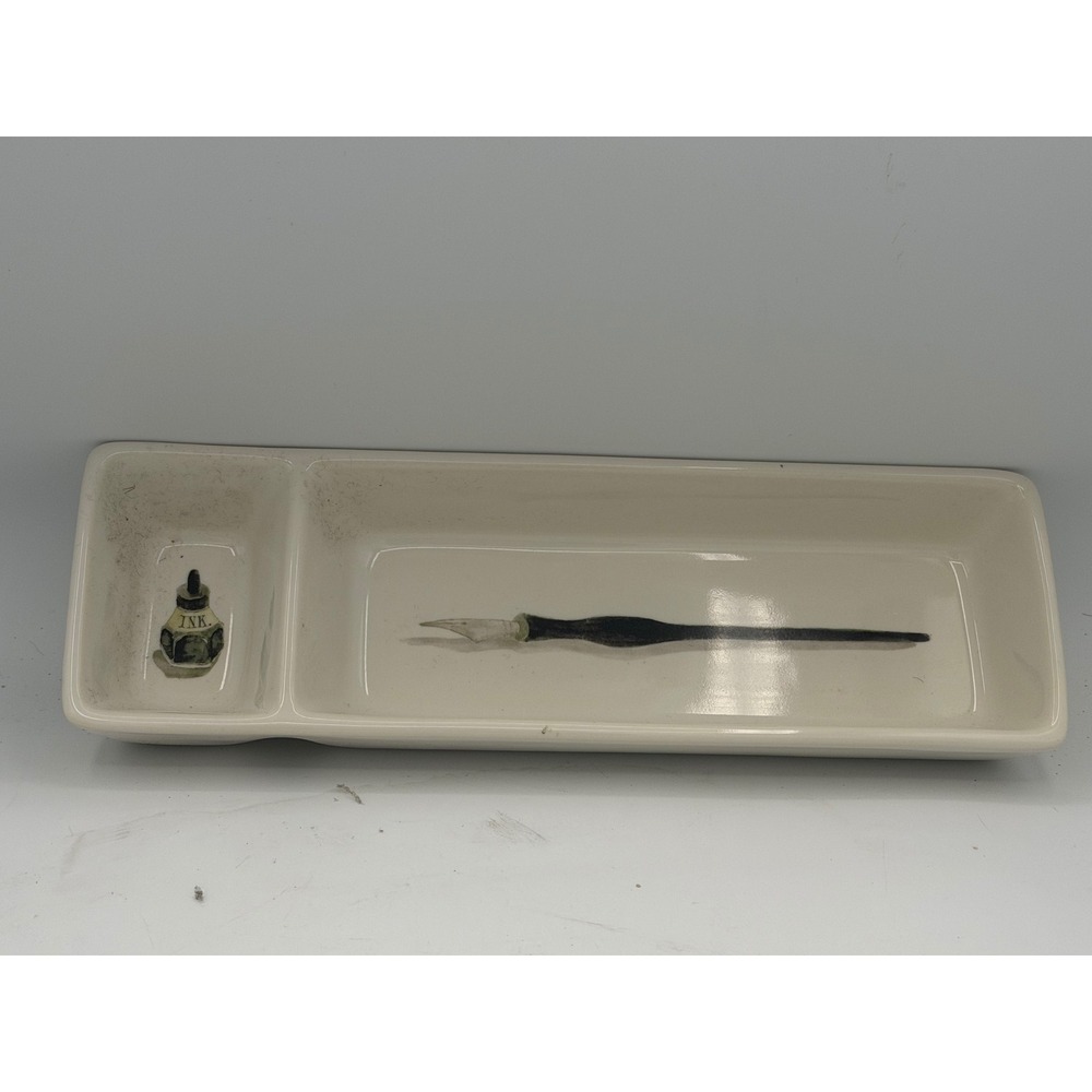 Rae Dunn Artisan Collection Cream Ceramic Inkwell and Pen Desk Tray Organizer